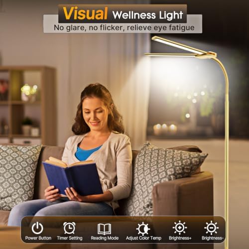 Syrinx LED Floor Lamp, 18W 2000LM Bright Reading Floor Lamp for Office, Gesture & Remote Control, Dual Head Gooseneck Standing Lamp, Dimmable Brightness & Color Temp, Floor Light for Living Room, Gold