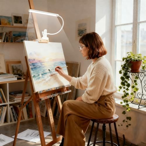 Clip-on Easel Lights for Artists Painting with On/Off Switch Cord, 3 Color Modes, Dimmable Clip Lamps for Over Painting Easel, Desk, Drawing with Flexible Arm, USB-Powered (White)
