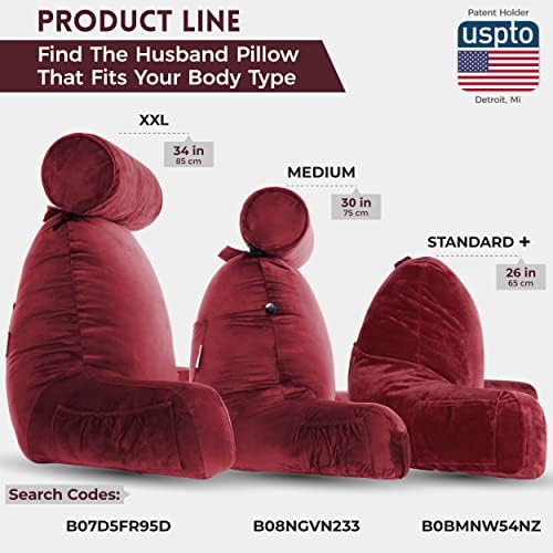 Husband Pillow Medium Reading Pillow with Arms - 23" Backrest for Sitting Up in Bed - Firm Support Bed Rest Pillow for Adults, Neck Roll, Removable Cover - TV, Reading, Lounging - Maroon