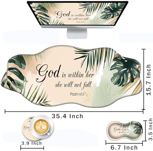 Mouse Pad with Wrist Support + Desk Mat + Coaster 3 in 1 Set, XXL Large Gaming Mousepad Ergonomic Mouse Pads for Desk Computer Laptop Office,Matcha Green Plant Abstract Bible Verse Psalm 46-5