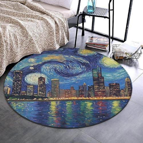 Machine Washable Modern Round Area Rug, Room Sofa Yoga Soft Round Carpet, Home Decor Non Slip Kitchen Office Circle Rug Chicago City Skyline Night View Starry Sky Painting, 36inch