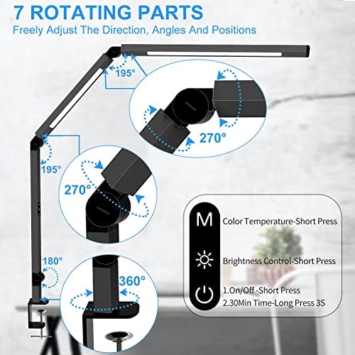 LED Desk Lamp with Clamp, Architect Desk Lamp for Home Office with Remote Control, Swing Arm Clamp on Computer Light, Clip-on Eye-Care Adjustable 5 Brightness Levels Table Light for Working Drafting