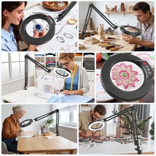 10X Magnifying Glass with Light and Clamp, Real Glass Stand Lighted Magnifier, 2*16 Arm 5 Color Modes Stepless Dimmable LED Desk Lamp Hands Free for Craft Hobby Reading Painting Close Work Large Black
