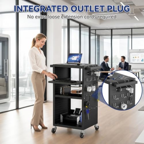 Mobile AV Cart with Pullout Keyboard Tray Media Utility Cart with Pegboard Hooks 4 Outlets & Push Handles Rolling Computer Cart with Lock Brake Wheels Mobile Computer Workstation