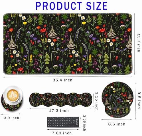 Mouse Pad,Large Pink Desk Mat, 4in1 XXL Mousepad + Keyboard Wrist Rest+Mouse Wrist Rest+Coaster Set with Ergonomic Desk Pad for Home Office Table Computer-Cute Flowers
