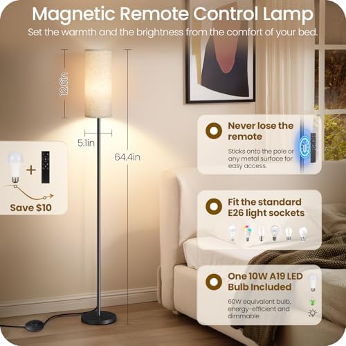 Set of 2 Slim Floor Lamps for Living Room with 2 Magnetic Remotes and Foot Switch, Dimmable Standing Lamp Mood for Bedroom Nursery, 3 Color Temperatures, 1-Hour Timer, 900LM Bulb Included, Beige Shade