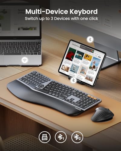 ProtoArc EK01 Plus Backlit Bluetooth Ergonomic Keyboard, Full Size, Grey