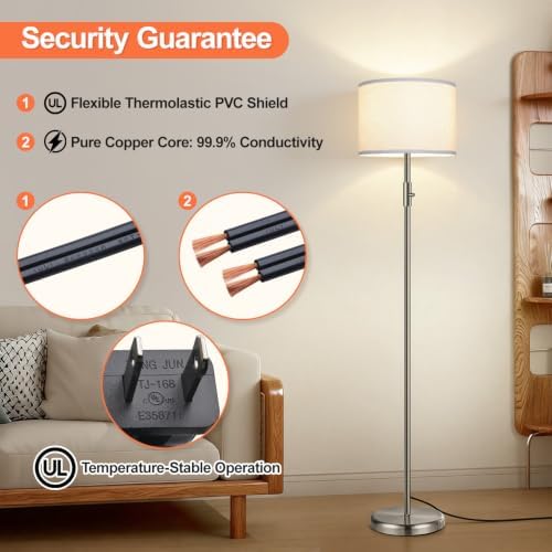Floor Lamp Simple Design with White Shade, Small Tall Lamps for Living Room Bedroom Office Dining Room Kitchen, Sliver Pole Lamp-Sliver