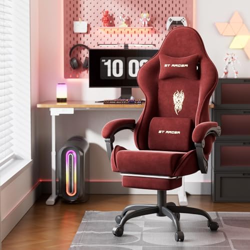 Ferghana Velvet Fabric Gaming Chair, Ergonomic Gamer Chair for Adult, Comfortable Video Game Chair with Footrest and Massage Lumbar Cushion, Racing Reclining Office Home Computer Desk Chair Red