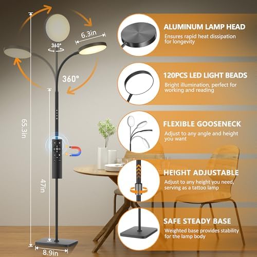 PACOVY Floor Lamp, Adjustable Height Floor Lamps for Living Room Bedroom, 120 LED Super Bright Standing Lamp Remote &Touch Control Dimmable Gooseneck Tall Stand Reading Lamp for Office Craft Black-RGB