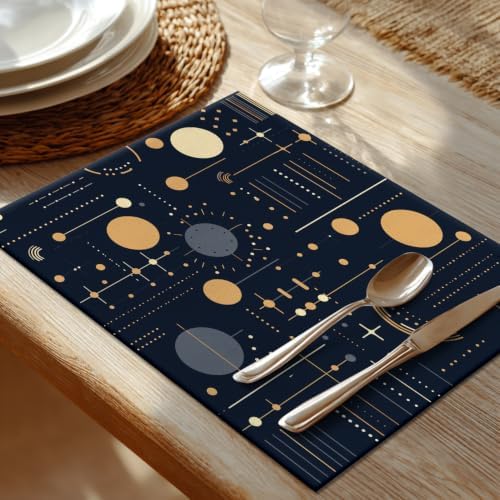 Shrahala Geometric Shapes Lines Placemats, Abstract Art Design Table Mat Linen Burlap Washable Double-Deck Heat Insulation for Dining/Kitchen Table Set of 6 (12 X 18 Inch)