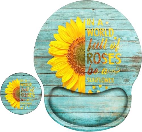 Ergonomic Mouse Pad with Wrist Support Teal Sunflower Mousepad Wrist Rest for Pad Gel Carpal Tunnel Relieves Pain Mouse Mat with Coaster for Computer Girl Work