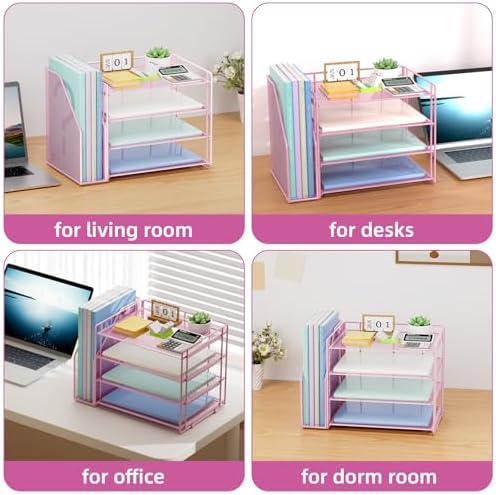 Marbrasse 4-Tier Paper Tray Organizer with File Holder, Pink