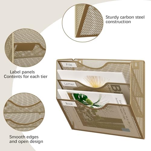 EasyPAG 3 Pocket Mesh Wall File Organizer, Hanging Paper Folder Holder with Classify Label, Vertical Wall Mount Mail Organizer for Office Home Classroom, Gold