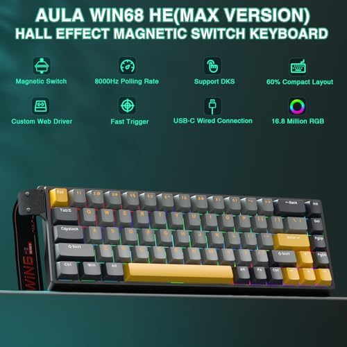 AULA WIN68 HE MAX - Hall Effect Gaming Keyboard with Magnetic Switch, Adjustable Actuation Fast Trigger Mode, 8KHz Polling Rate, RGB Backlit Wired Mechanical Gaming Keyboard 60 Percent