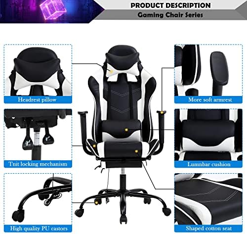 Gaming Chair Racing Style Office Computer Game Chair Ergonomic Desk Chair with Headrest Lumbar Support,High Back Gamer Office Chair Recliner Video Game Chairs for Kids or Adults,White
