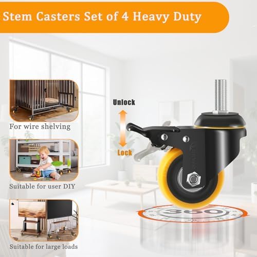 3 Inch Stem Caster Wheels 3/8 Threaded Casters Set of 4 Heavy Duty