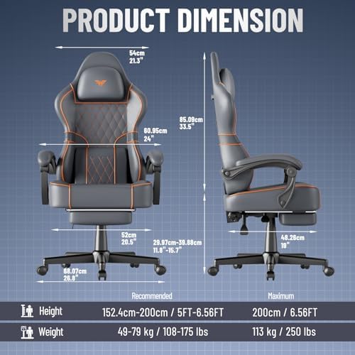 Soontrans PU Leather Gaming Chair with Massage Lumbar Cushion & Footrest