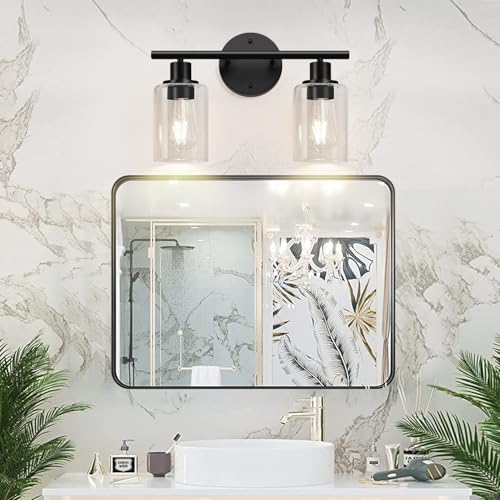 Zarbitta 2-Light Bathroom Light Fixtures, Black Modern Vanity Lights with Clear Glass Shade, Bathroom Wall Lamp for Mirror Kitchen Living Room Hallway Cabinet Porch