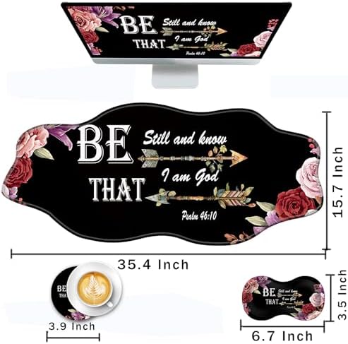 Mouse Pad with Wrist Support + Desk Mat + Coaster 3 in 1 Set, XXL Large Gaming Mousepad Ergonomic Mouse Pads for Desk Computer Laptop Office,Bible Verse Psalm 46-10 Adorable Peony Flower