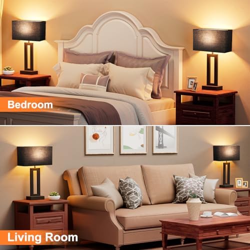 Seealle Nightstand Table Lamps for Bedrooms Set of 2 - Touch Bedside Lamp with USB C+A, 3 Way Dimmable Living Room End Tables 2, Modern Night Stand Bed Side Guest Room(Black) E. Black