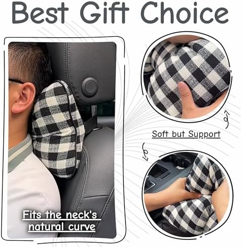 2PCS Chic Car Headrests with Bow-Shaped Cotton Linen Bowknot Neck Pillows for Cozy Road Trip & Cute Interior Decoration (Black Plaid)