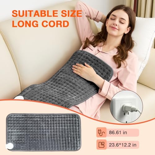 Dry & Moist Heating Pad for Back, Neck, Shoulders, Knees, Period Cramps, Sore Muscles, Soft Electric Heating Pad, Fast Heating,4 Heat Levels, Auto-Off, Machine Washable,Perfect Gifts (Grey,12"x24")