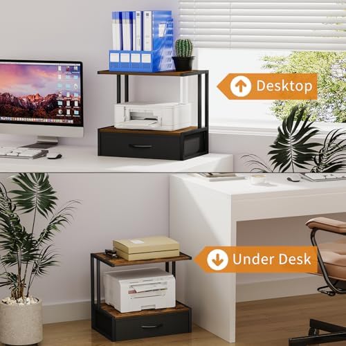 Printer Stand with Storage for Desk, with Fabric Drawer Desktop Printer Stand Shelf Organzier for Home Office, for Above and Under Desk Printer Table, Fax Machine Copier Scanner, Brown