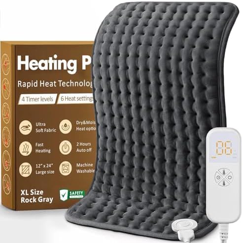 Heating Pad for Back, Neck & Shoulders, Soft Electric Heating Pad with Moist & Dry Heat, Auto-Off, Machine Washable, Birthday Gifts for Women Wife Mom Her (Rock Gray, 12"x24")