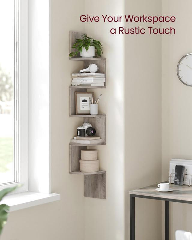 VASAGLE Corner Shelf Wall Mount, 5-Tier Floating Corner Bookshelf