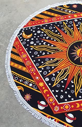 Round Beach Tapestry Turquoise Mandala Throw/Boho Hippie Beach Blanket Roundie/Indian Cotton Bohemian Large Round Table Cloth-Home Decor/Yoga Mat Meditation Picnic Rug (42", Yellow)