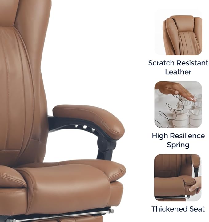 Orbis 4-Point Kneading Heated Massage Office Chair with Foot Rest | 500lbs Big & Tall Ergonomic Executive Desk Chair for Heavy People | Reclining Home Office Computer Chair | Leather Caramel