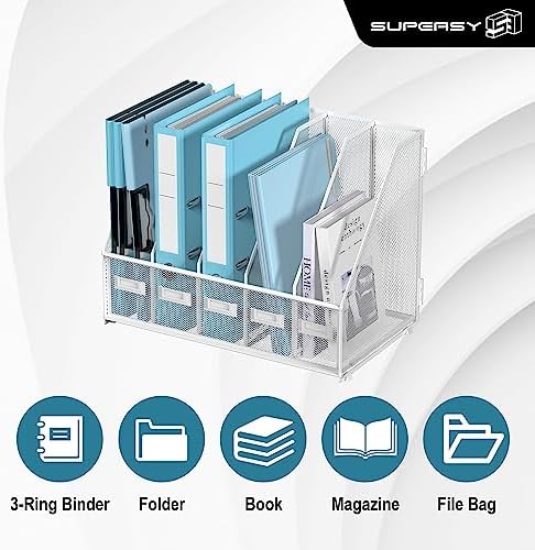 SUPEASY Desk Organizers Metal Desk Magazine File Holder with 5 Vertical Compartments Rack File Organizer for Office Desktop, Classroom, Home Workspace, White Plus