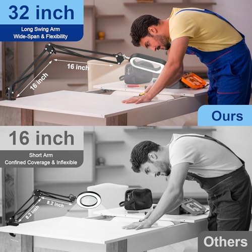 16" Extra Long Magnifying Glass with Light and Clamp, Real Glass, 5 Color Modes, Stepless Dimmable, Lighted Magnifier with Stand Hands Free, LED Swing Arm Desk Lamp for Close Work, Craft, Black