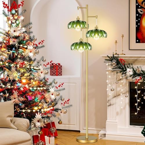 ZECOXOL Gold Floor Lamps for Living Room Bedroom-3 Light Glass Floor Lamp with Three Led Bulb,Mid Century Standing Lamp Vintage Brass Tall Lamp Tree Floor Lamp for Bedroom Corner