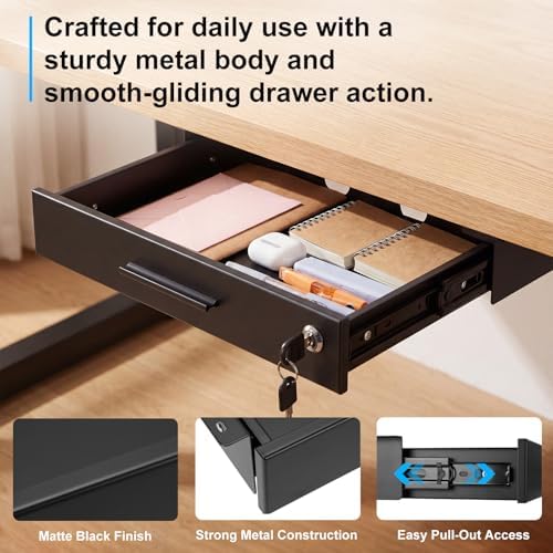 Menkxi 16'' x 12'' Under Desk Drawer Slide Out Storage Organizer, Lockable Metal Desk Drawer for Laptop and Office Accessories, Large Hidden Under Table Storage Box with Cable Management, Black