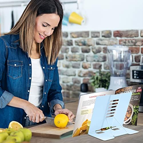 Honagu Metal Desk Book Holder, Adjustable Cookbook & Document Holder, Portable Bookstand for Music Books, Textbooks, Recipes, Tablets & iPads (Macaron Blue)