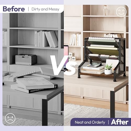 SWTYMIKI Paper Organizer, Mesh and Wood Desk Office Organizer, Office Organization and Binder Storage for Workspace, Home, School, Espresso