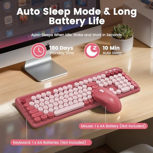 Wireless Keyboard and Mouse Combo, Retro Round Keycaps, Full-Size Stylish Typewriter Keyboard with Large Phone/Tablet Holder, 3-Level DPI Ergonomic Mouse, 2.4GHz Cordless for Windows PC, Rose Pink