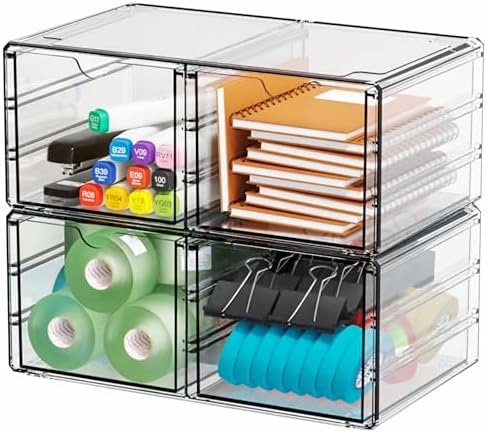 Yieach 2 Pack Acrylic Storage Drawers With 4 Drawers,Stackable Desk Organizers and Makeup Organizer,Large Clear Office Supplies Organizer for Pen,Medical,Art Craft,Stationery Organizer for Countertop