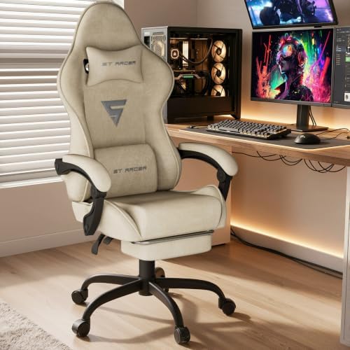 Ferghana Ergonomic Velvet Gaming Chair with Massage, Footrest & Reclining High Back, Racing Style Computer Desk Chair for Adults, Home Office Use, Beige