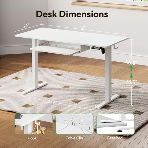 55 x 24 Inch Electric Standing Desk with Keyboard Tray, White