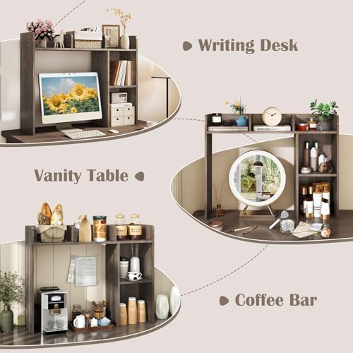 GIANTEX Desktop Bookshelf, Wood Desk Hutch Organizer for 27 Inch Computer Monitor, Countertop Storage Display Rack with 5 Shelves, Multipurpose Desktop Shelf Bookcase for Dorm Office Home (Grey Oak)