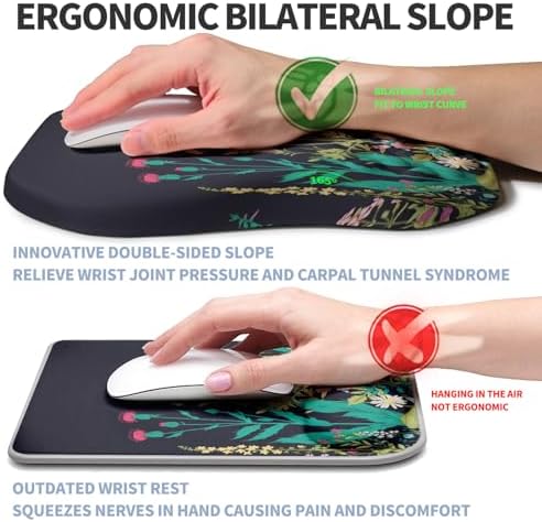 Ergonomic Raised Mouse Pad Wrist Support with Bilateral Slope Memory Foam Mousepad for Wrist Rest and Carpal Tunnel Pain Relief 11.8x7.9〃Midnight Flowers