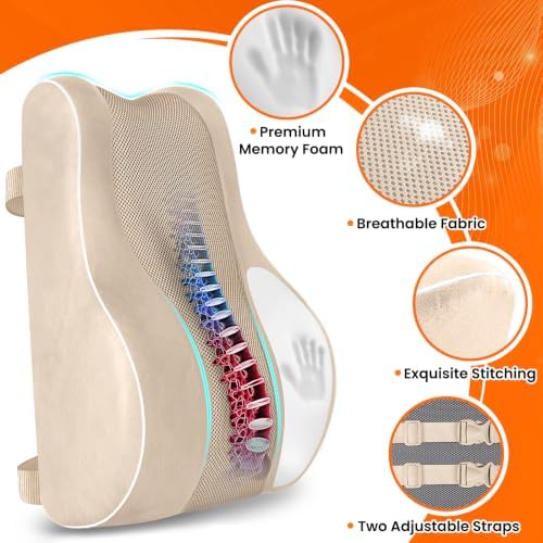 CloudBliss XL Lumbar Support Pillow, Memory Foam for Office Chair, Khaki