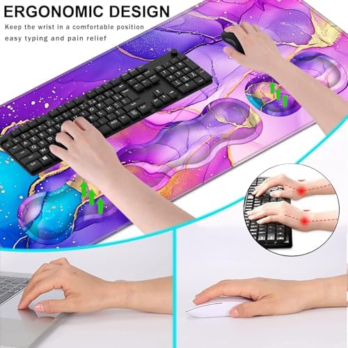 Keyboard Wrist Rest and Mouse Pad with Wrist Support Set Ergonomic Coaster,Memory Foam,Easy Typing Pain Relief,Large XL Desk Mat 31.5"x 11.8",Marble Purple