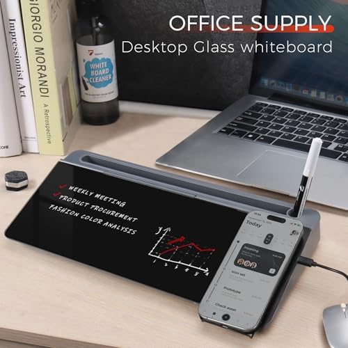 TOWON Glass Desk Whiteboard 16x7 in, Wireless Charger and Storage, Black