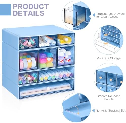 Desk Storage Organizer with 9 Drawers, 4 Tiers Stackable Desktop Craft Storage Drawers, Clear Storage Box Caddy for Stationary Makeup Jewelry Office Craft Supplies (Blue)