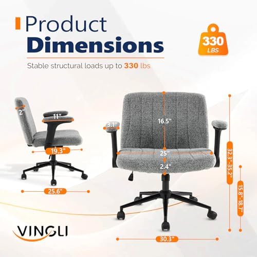 VINGLI Criss Cross Chair with Adjustable Flip-Up Arms,Cross Legged Chair with Wheels, Extra Wide Office Chair,Cozy Desk Chair for Home Office, Vanity, Apartment,Chenille Velvet,Grey