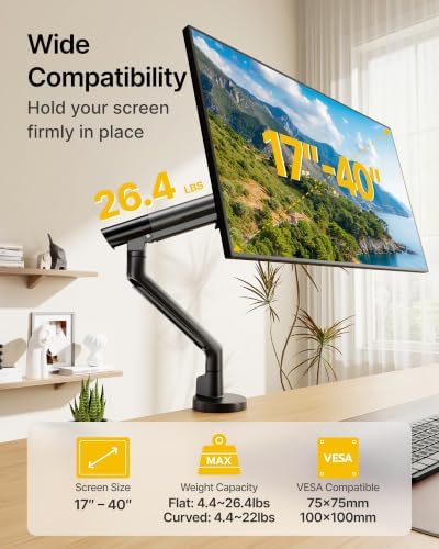 monTEK Aluminum Monitor Arm for 17-40" Screens, 26.4 lbs, Black